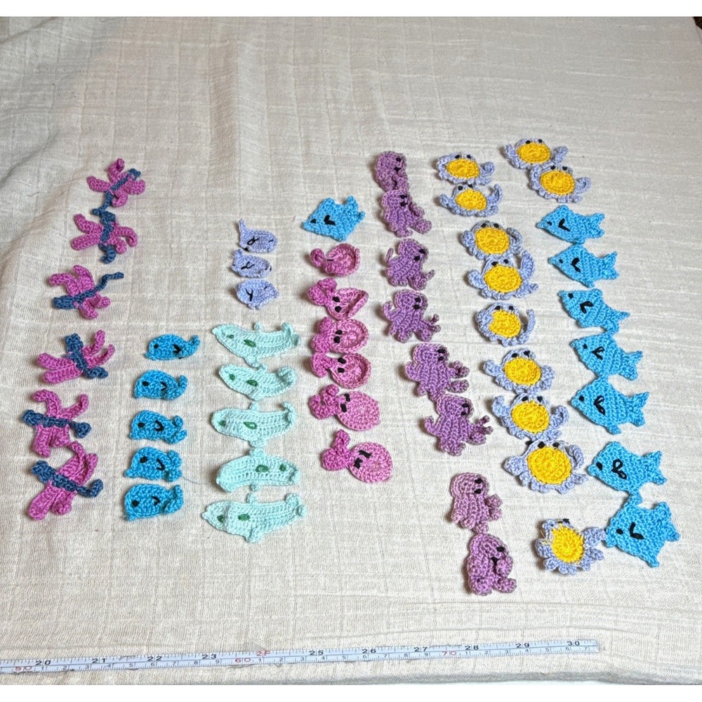 52 Handmade small Crocheted Sea Animal Applique Lot Fish Whale octopus 1-2 inch